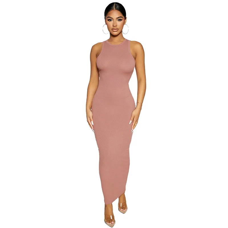 

2021 Fall New Women's Fashion Round Neck Sleeveless Temperament Slim Pack Butt Solid Color Dress