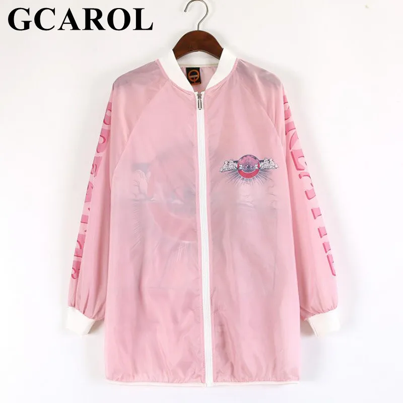 

GCAROL Summer’Sunscreen Jacket Pink Zipper Cardigan Loose Oversized Block UV Thin Coat Character Design Outwear