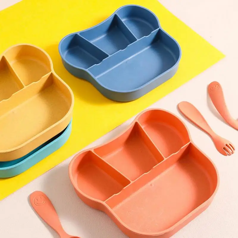 

Children's Feeding Plate With Spoon And Fork Set Baby Divided Food Dish Cute Cartoon Anti-drop Tableware Kids Eating Utensils