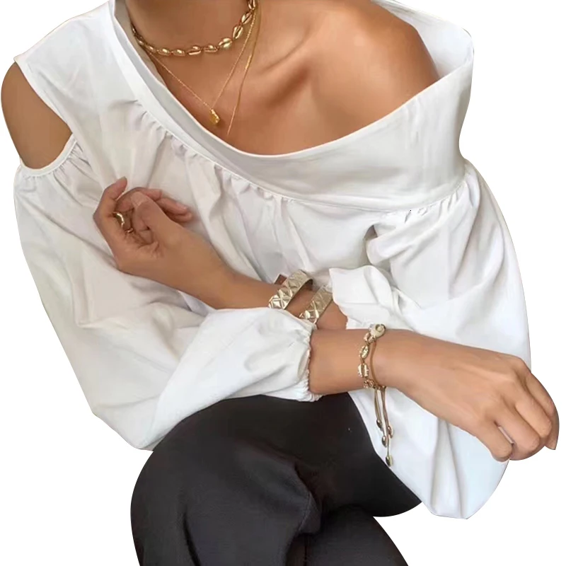 GALCAUR Sexy Irregular Shirt For Women Skew Collar Off Shoulder Lantern Sleeve Hollow Out Blouse Female Fashion Summer