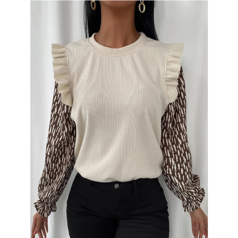 

2020 Autumn Crew Neck Rib Blouse Women Long Sleeve Casual Shirts Elegant Ruffle Print Lady Office Tops Pullover Shirt Streetwear