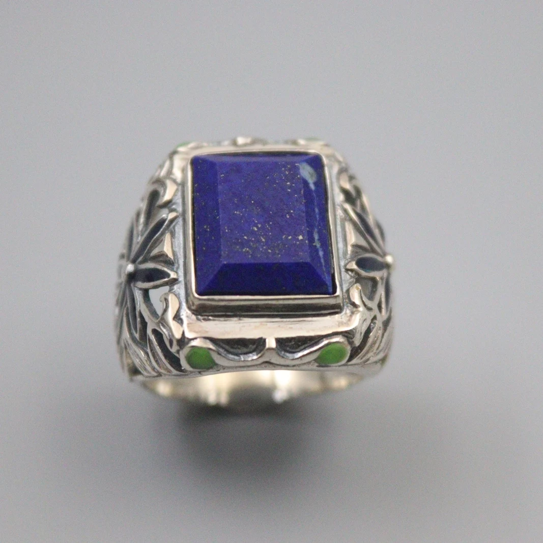 Pure 925 Sterling Silver Ring The Widest 22mm Hollow Pattern Big Square Lapis Lazuli Bead Ring For Womnan Man