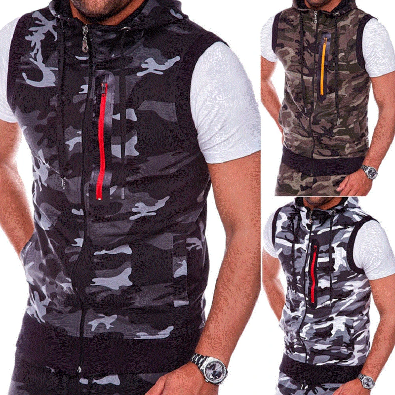 Mens Sleeveless Hoodie New Camouflage Round Hem Casual Slim Sleeveless Hooded Vest Sweatshirts Streetwear Men