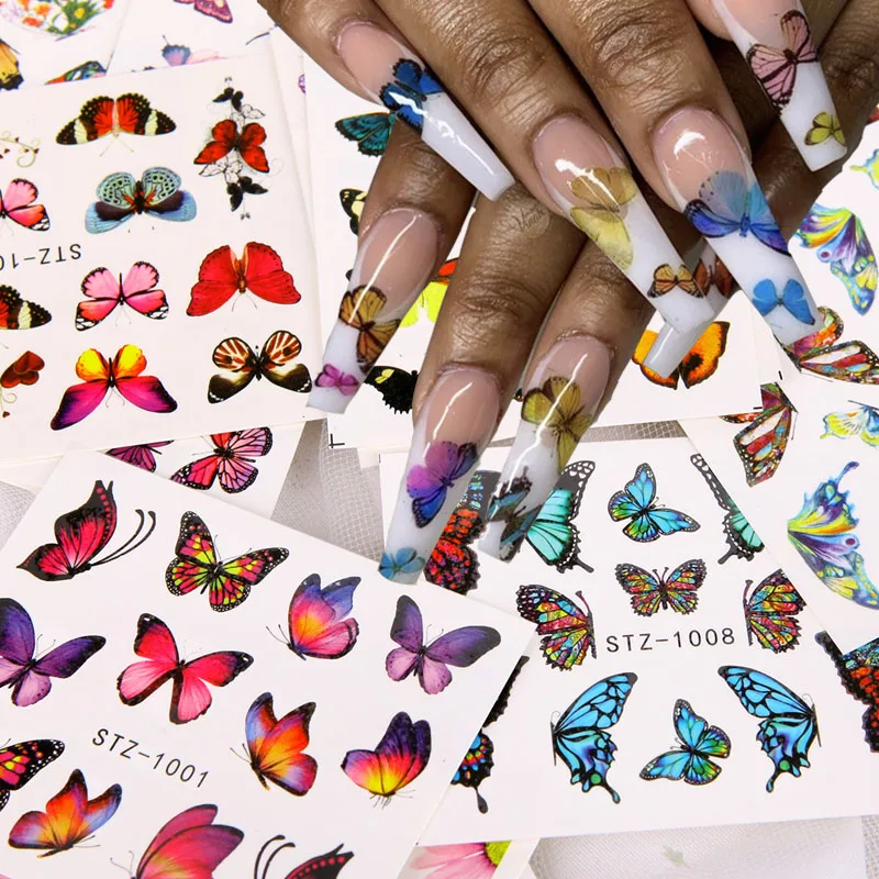 

30pcs/Set Holographic Butterfly Nail Art Stickers Blue Pink Spring Themed Flower Water Transfer Sticke Nail Decals Decorative