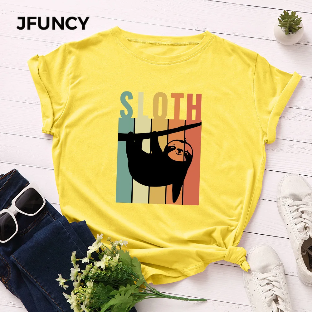 JFUNCY Funny Sloth Print Women Oversized T-shirts  Short Sleeve Casual Loose Woman Tee Tops Female Summer Cotton Tshirt