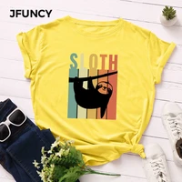jfuncy funny sloth print women oversized t shirts plus size short sleeve casual loose woman tee tops female summer cotton tshirt