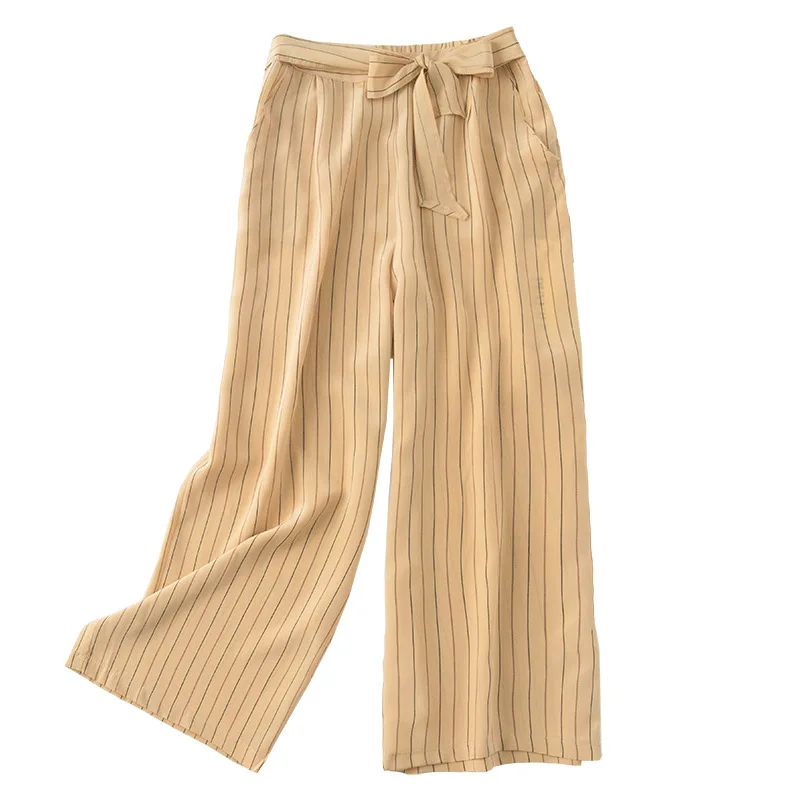 

New Nine point silk wide leg pants women s 2020 summer striped slim mulberry silk loose l straight tube pants h0217