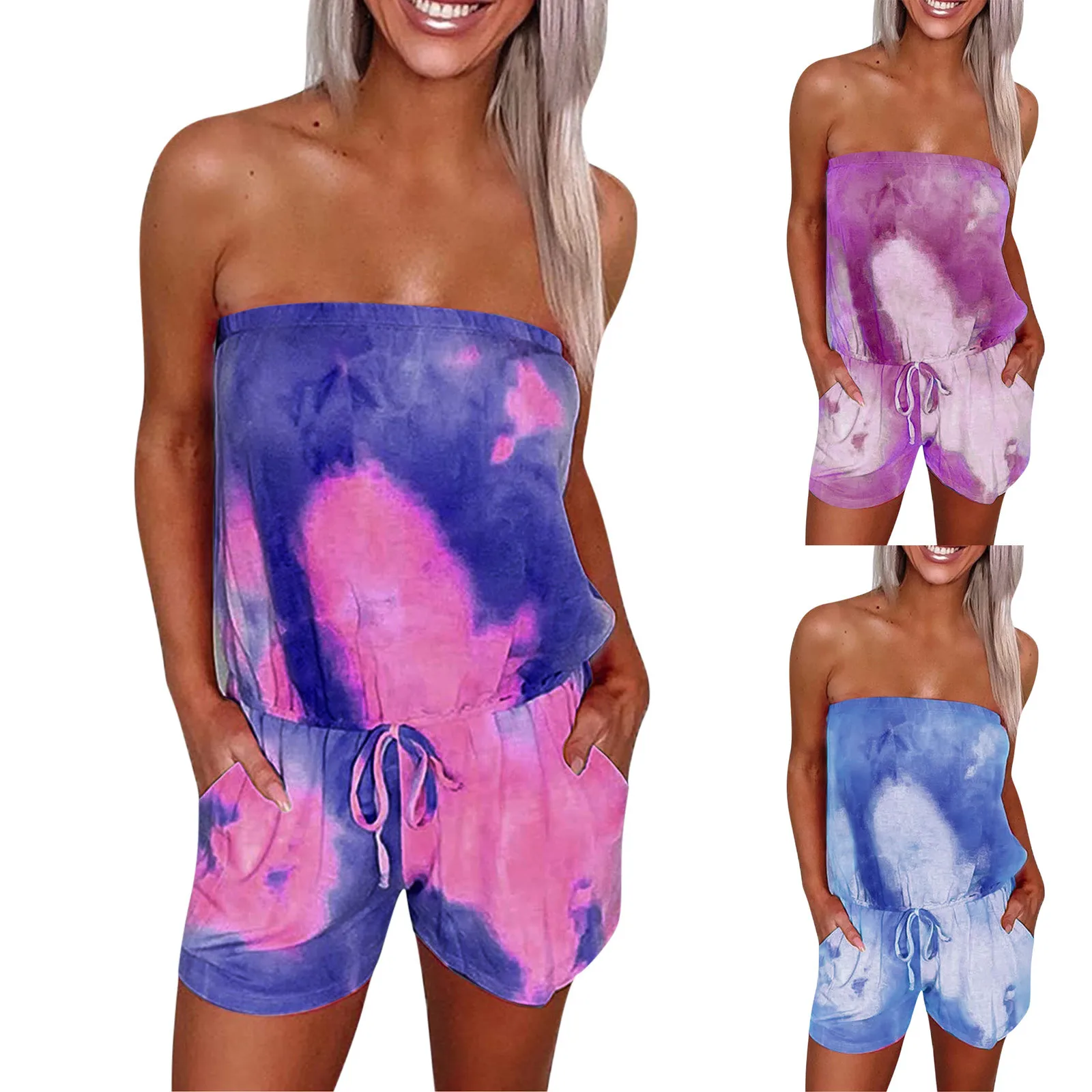 

Womens Tie Dye Romper Bandeau Jumpsuit Sleeveless Beach Short Jumpsuit Summer Romper Casual Beach Holiday Shorts Bodysuits