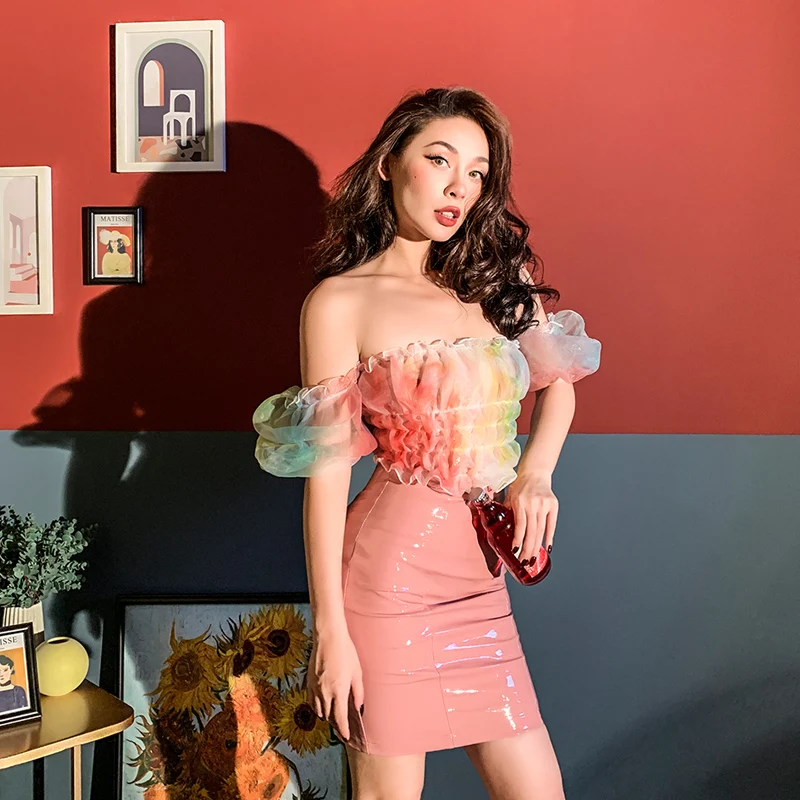 Женская прозрачная эластичная блузка с рукавами фонариками радужная градиентом