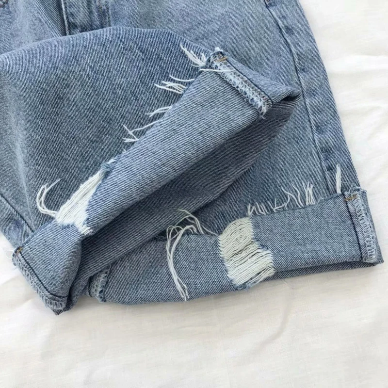 

Ripped Jeans Woman High Waist Jeans Femme Skinny Knee Length Blue Jeans Straight Denim Pants Spijkerbroeken Dame