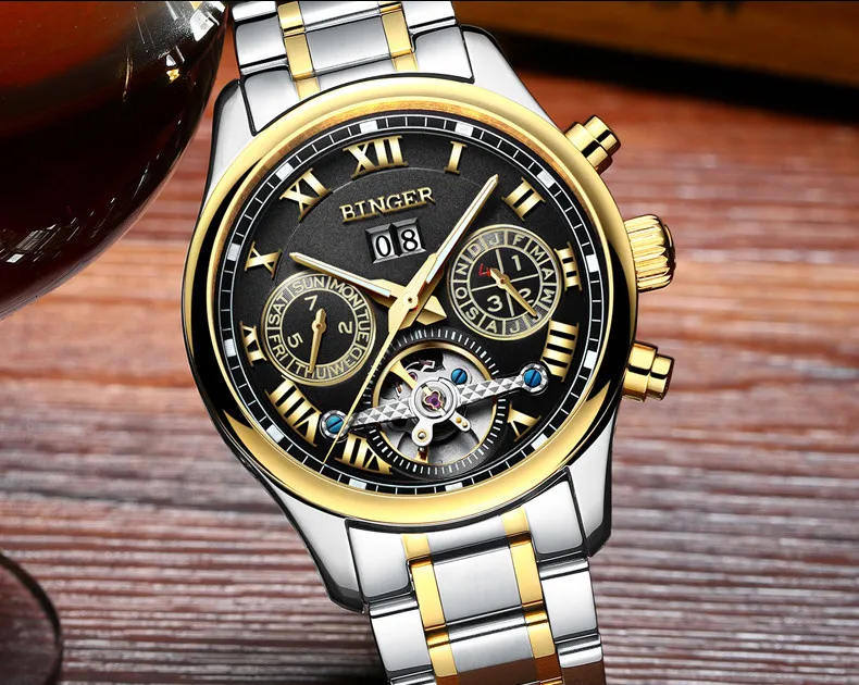 Швейцарские Бингер мужские часы люксовый бренд Tourbillon сапфир светящиеся несколько функций механические наручные часы B8602-7