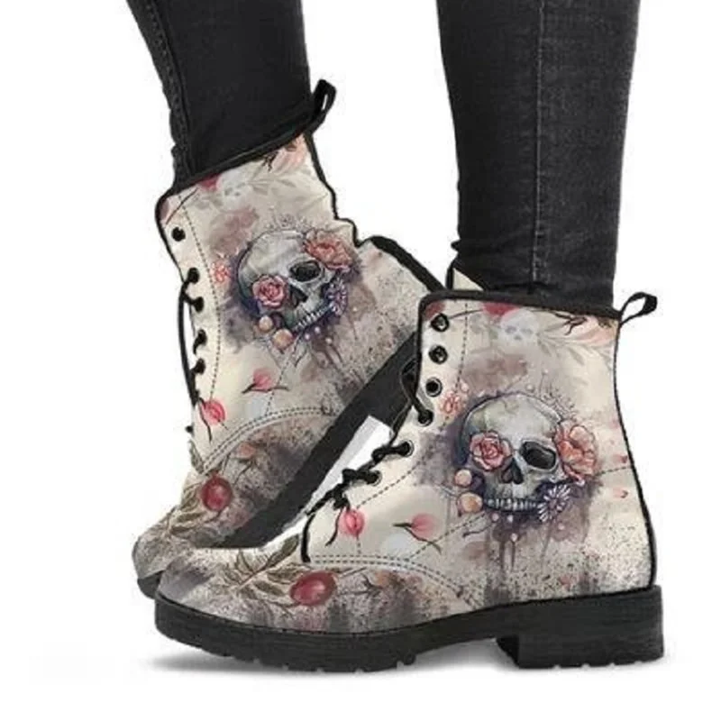 

Digital Print Autumn Lady High Top Skull Pattern Boot 2021 British PU Women's Fashion Work Boots