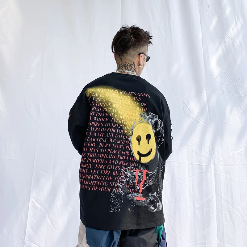 UNCLEDONJM футболки с принтом граффити для мужчин и женщин 2019AW длинный рукав повседневные хлопковые топы футболки Harajuku уличная хип хоп Футболка R06