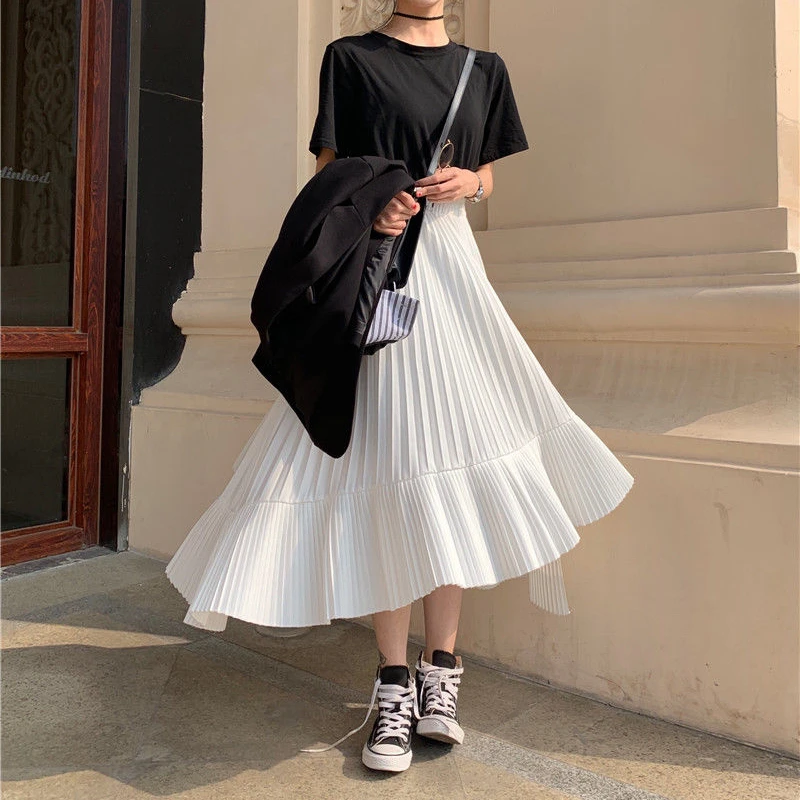 

Skirts Women Fall Winter Elastic Waist Elegant Fashion All-match Korean Style Ruffle Irregular Female 2021 Chiffon Casual Retro