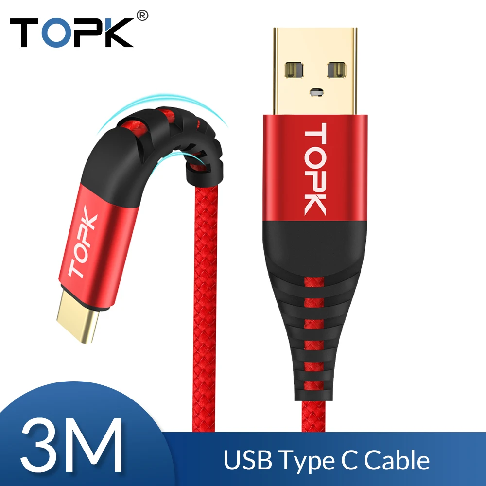 TOPK usb type C кабель 3 м для samsung S9 S8 USB мобильный телефон Быстрая зарядка Oneplus 6t Xiao mi Red