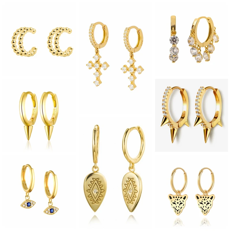 

BOAKO 925 пробы серебряные серьги-петли для Для женщин 2021 тренд Золотой злой глаз серьги с крестом Huggie циркониевые серьги-кольца подарок Brincos