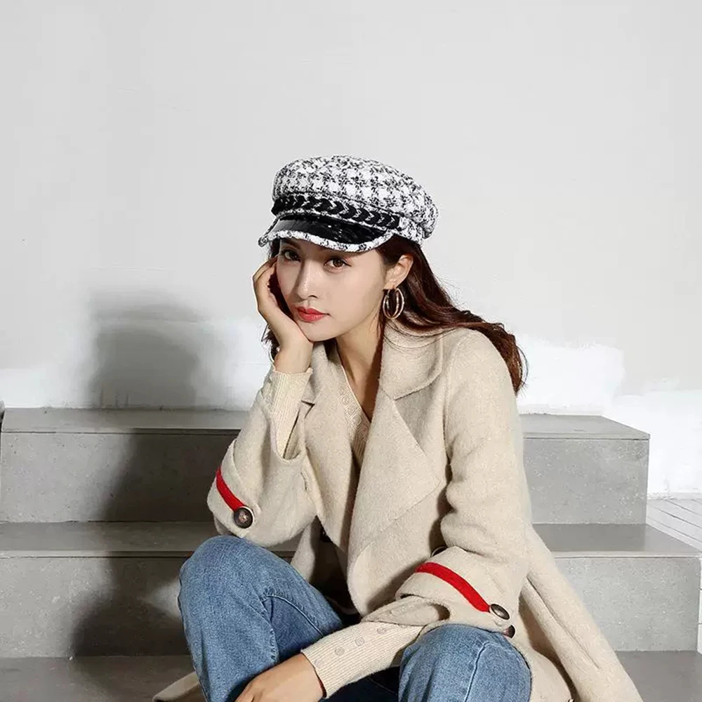 Женская твидовая шляпка винтажная в стиле милитари с золотой нитью бейсболка