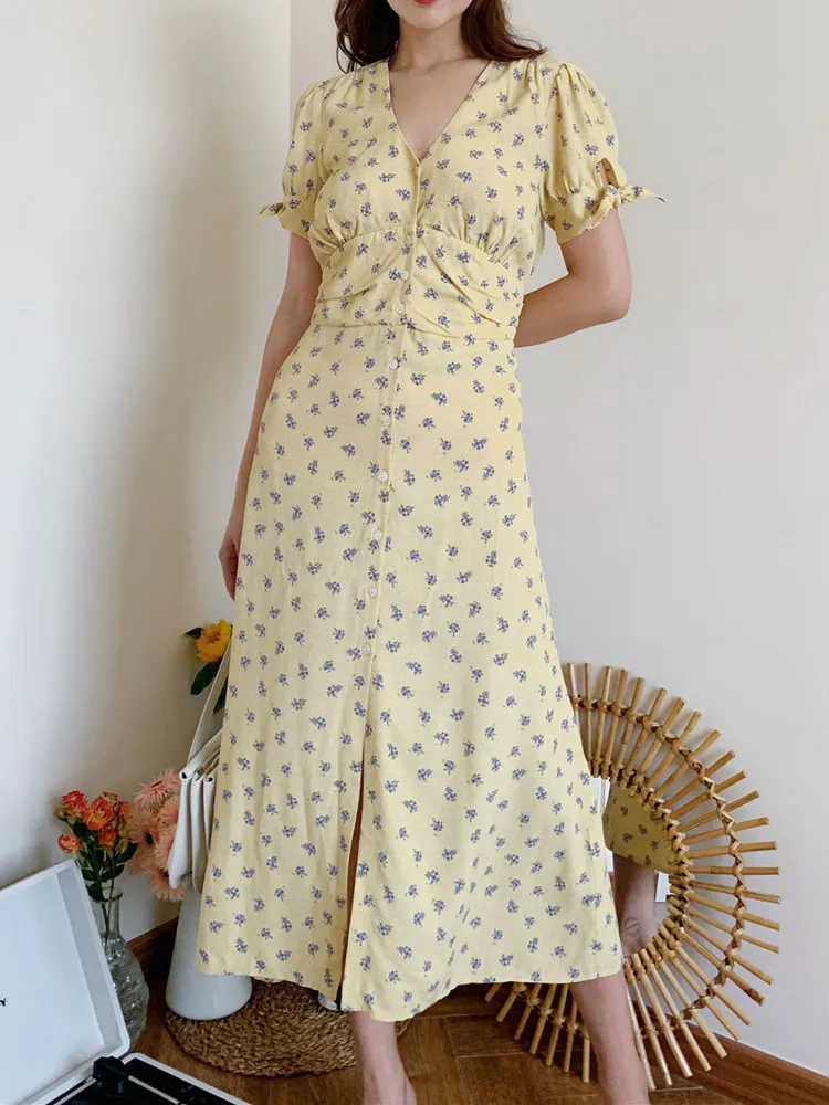 2020 женское платье миди с цветочным принтом однобортное желтое v-образным вырезом