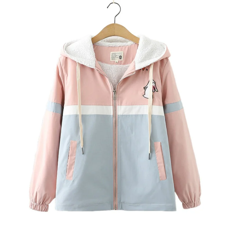 

Fleece Zipper Hooded Jacket For Women 2021 Winter Long Sleeve Cartoon Embroidery Pocket Casual Sweet Ladies Basic Outwears Tops
