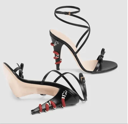 

Gold Metal Snake Around Heel Sexy Sandals Women Bowknot High Heels Summer Party Shoes Ankle Strap Slingback Gladiator Sandals