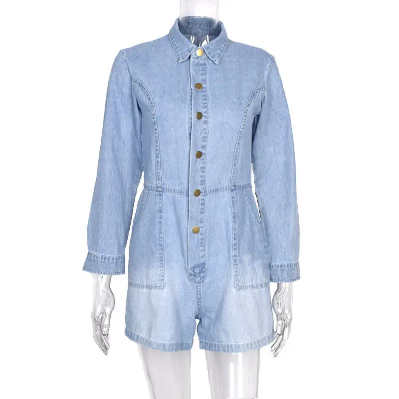 

2020 Autumn Button Long-Sleeved Upper Garment Denim Shorts Jumpsuit Romper Women Playsuits