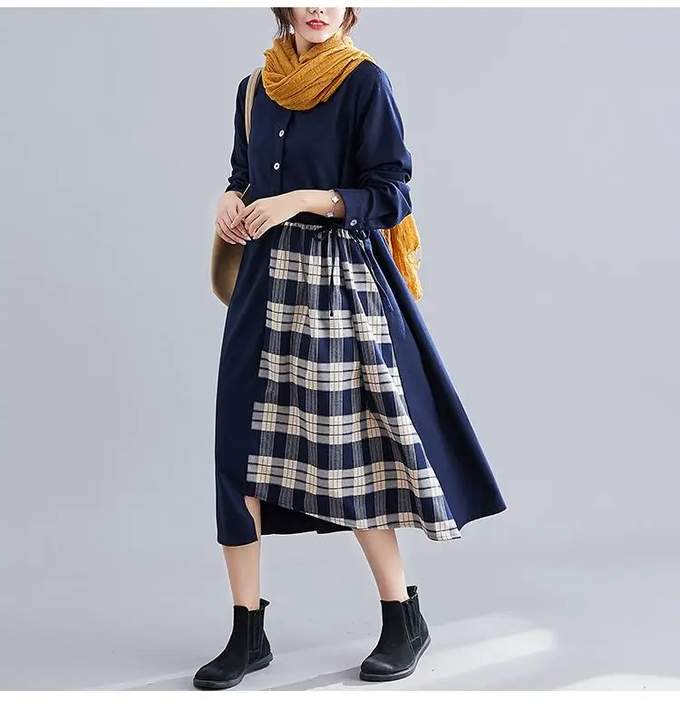 

M-2XL patchwork cotton linen dress plus size casual plaid long dress big size autumn winter women dress large size vestidos 2019