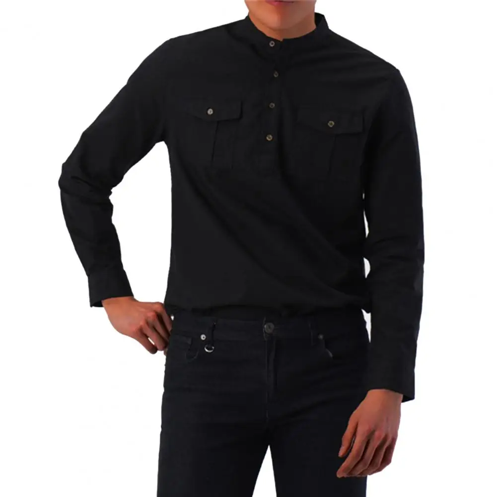 Мужская деловая рубашка с длинным рукавом и воротником стойкой|Мужские футболки|