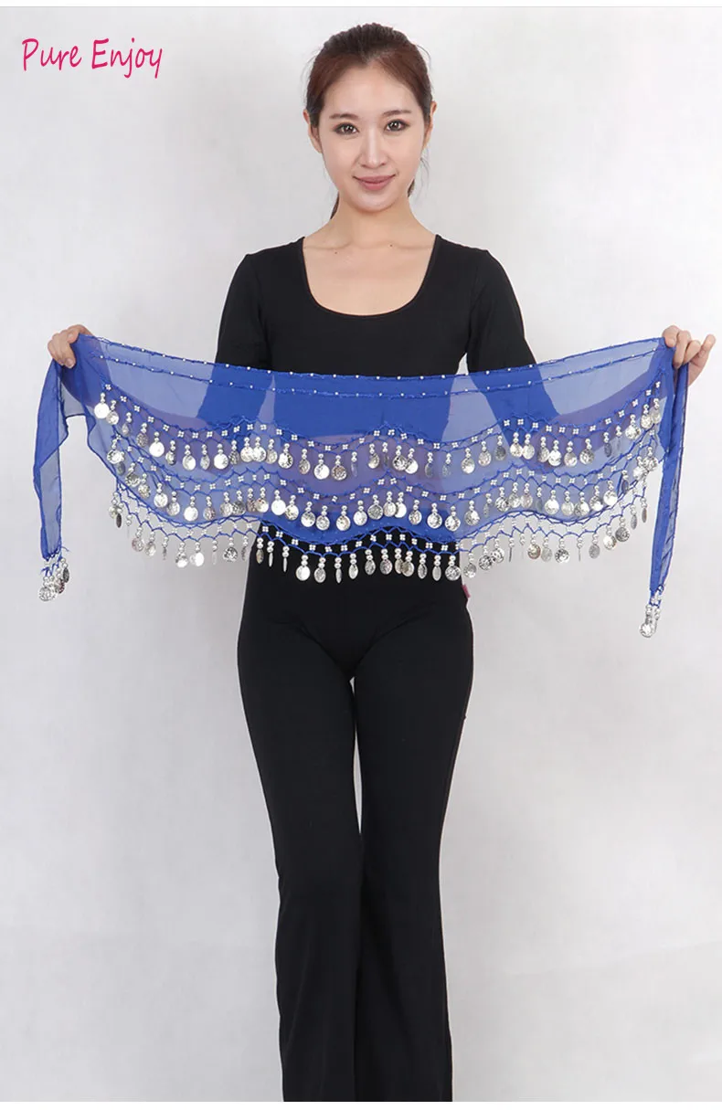 Belly Dance Waist Цепочка хип шарф шифон трехслойная волна золотая монета талия Индия