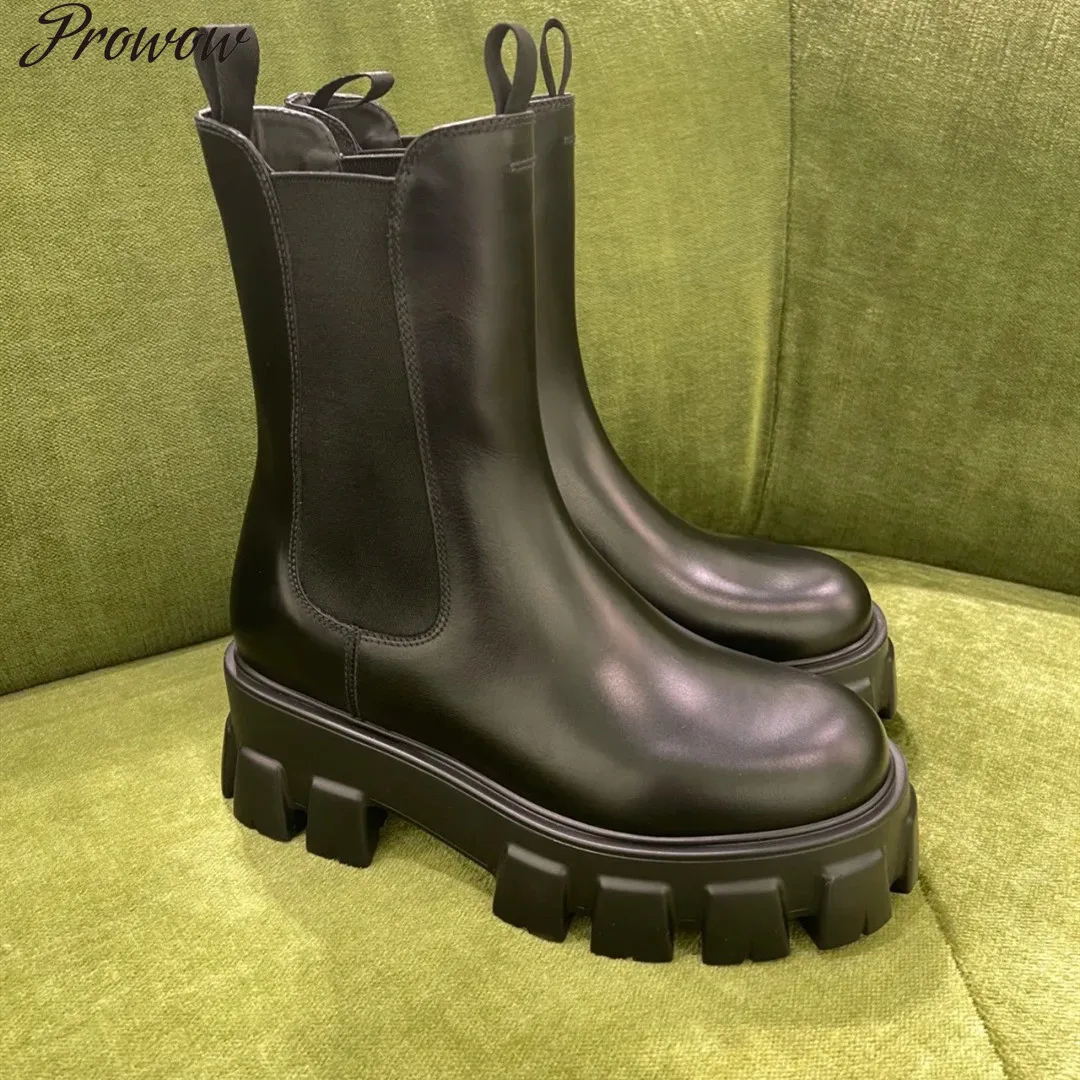 

Prowow Women Autumn Winter Platform Shoes Genuine Leather Short Boots Chunky High Heels Slip-on Size 35-41