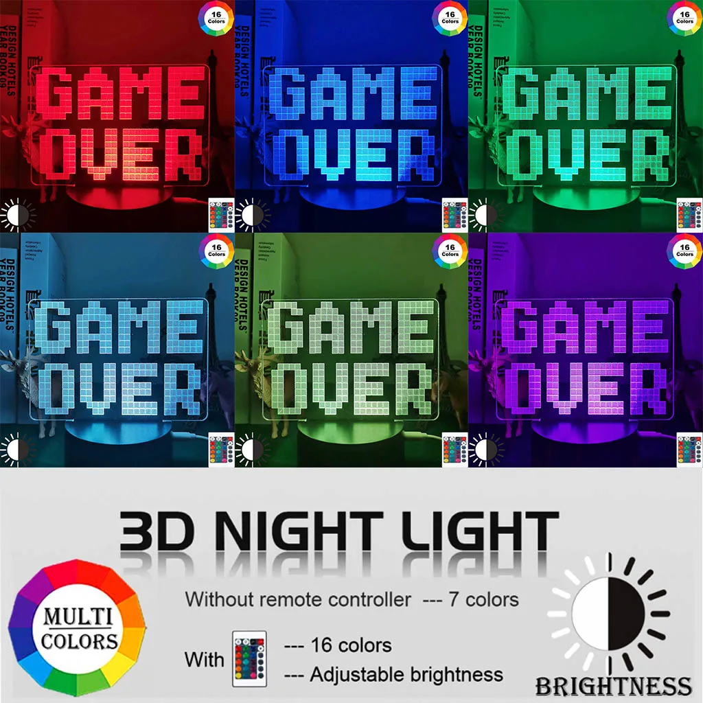 Ночник Gameover 3D для игровой комнаты настольное освещение настройки декор