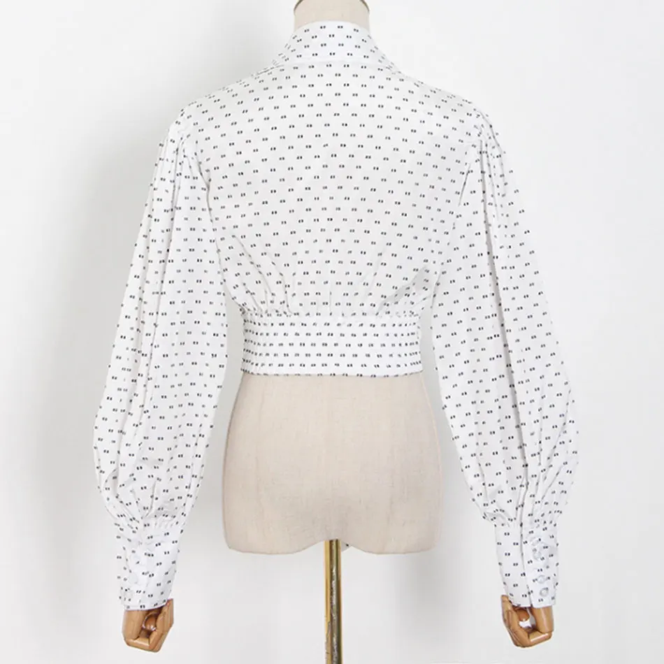 

Ailigou Fashion Chic Shirt Tops Women Sexy Lapel Lantern Sleeve Hollow Lace Design Polka Dot Short Shirt Women 2021 New