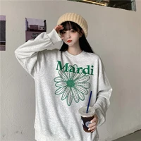 2021 new korean style loose hoodies oversize street wear young girls flower print round neck long sleeve fashion tops