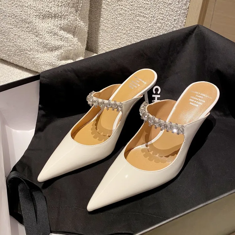 

Diamond inside and outside full leather 2021 spring new pointed women's shoes thin heel slippers
