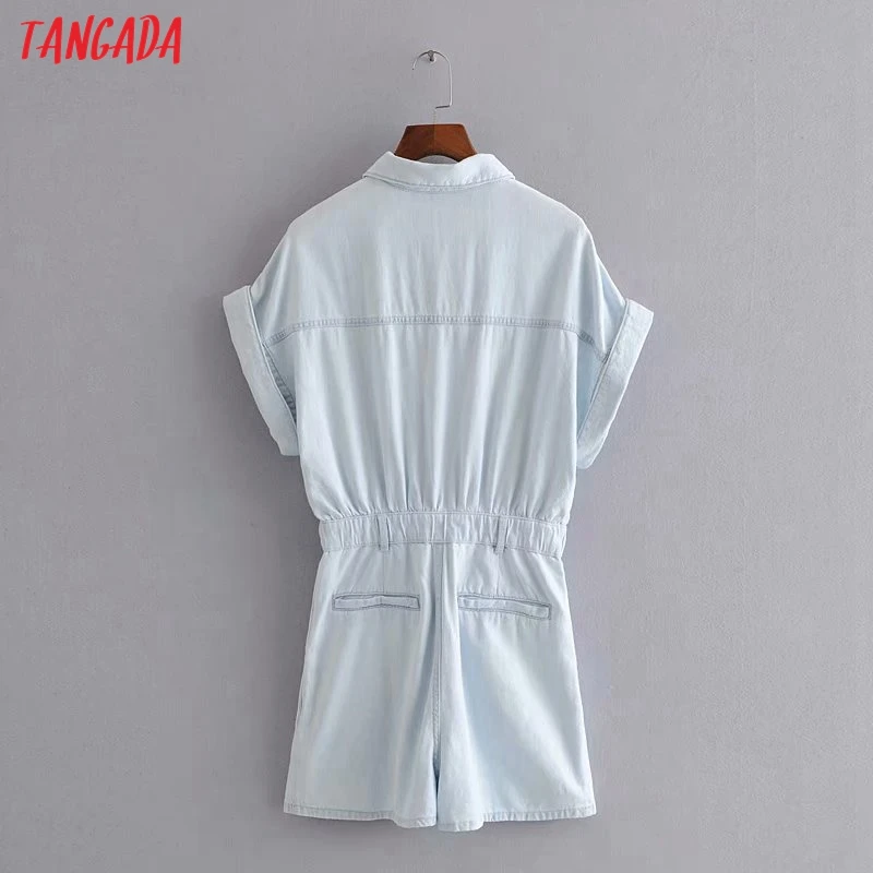 

Tangada Fashion Women Summer Light Blue Denim Playsuit Short Sleeve Buttons Strethy Waist Pocket Female Playsuit 3H370