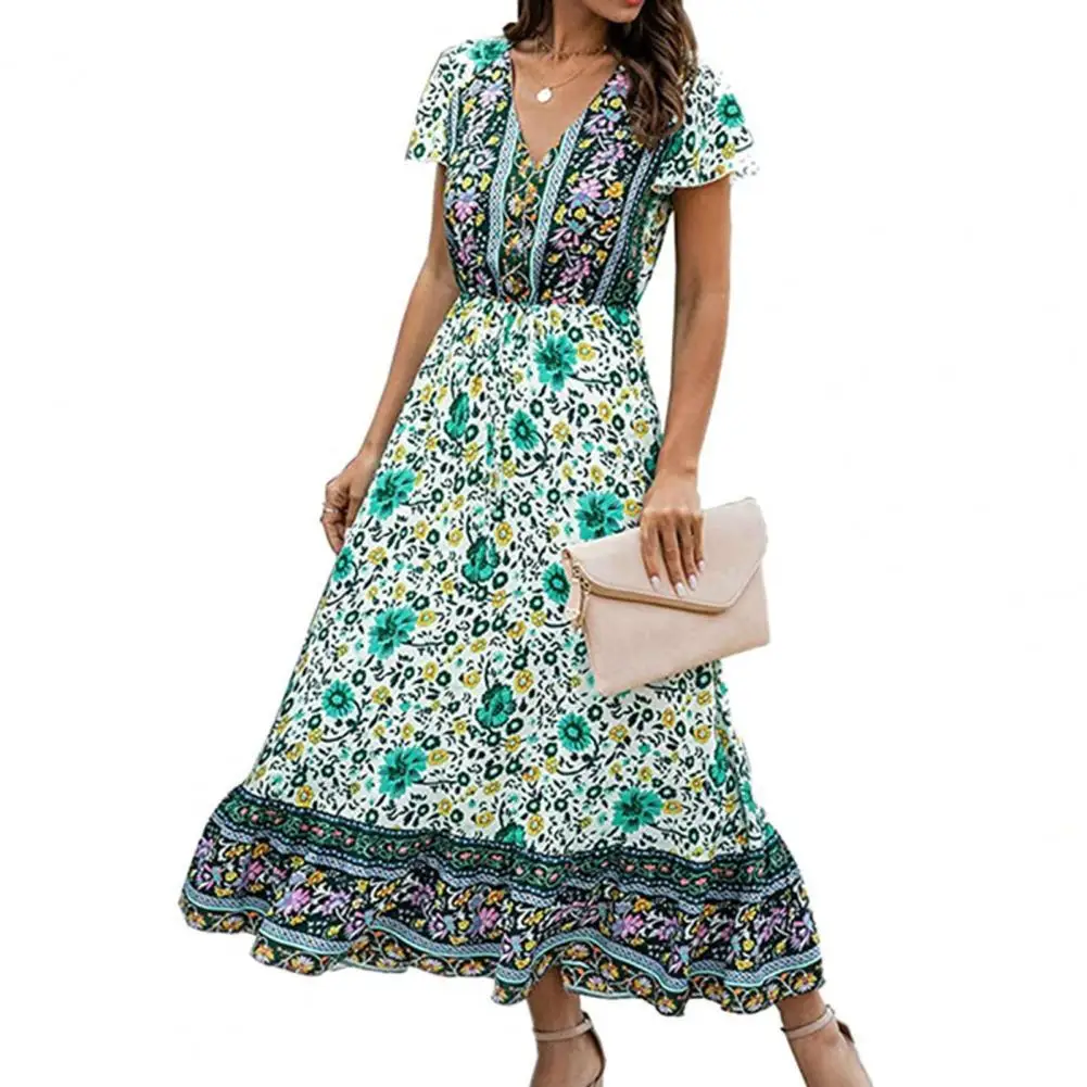 

Summer Women Dress Beach Floral Print Ruffle Short Sleeve V Neck Skirt Bohemian Summer party Vintage Clothes 2021 ropa mujer