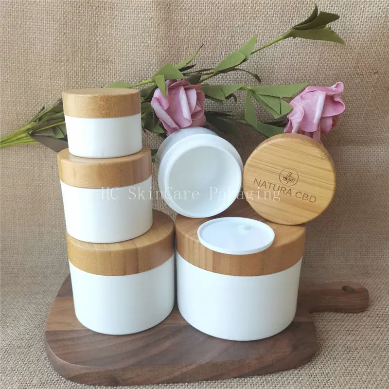 Фото Пустая баночка для крема, оптовая продажа 10 г, 30 г, 50 г, 100g150g 250gWhite PP Пластик с бамбуковой Кепки изготовленным на заказ логосом CBD конопляное контейнер для крема №4