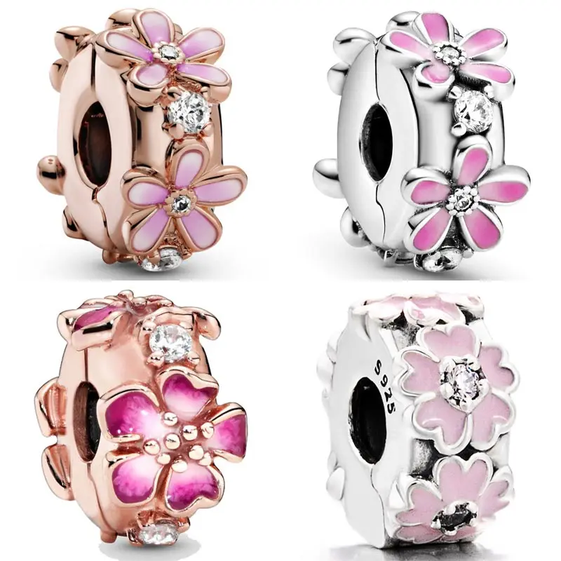 

Rose Pink Daisy Peach Blossom Primrose Flower Clip Stopper Charm 925 Sterling Silver Beads Fit pandora Bracelet Diy Jewelry