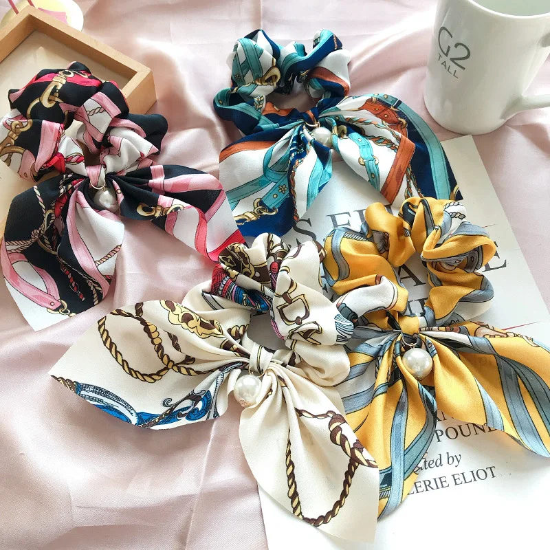 

Rabbit Ears Fashion Women Hairbands Pearl Ponytail Scarf Elastic Hair Rope Scrunchies Hair Bands Printing Ribbon Hairbands