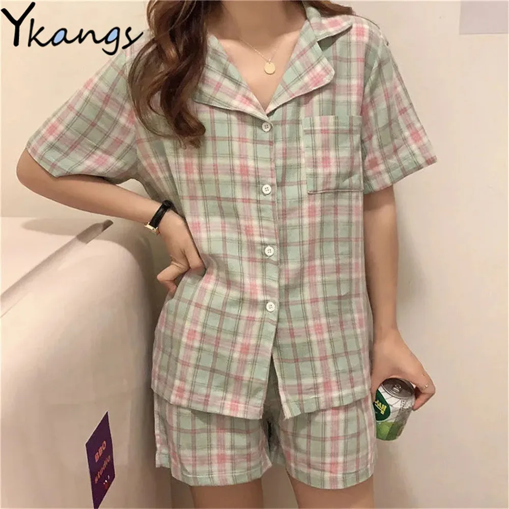 

Casual Plaid Summer Shorts Pajamas Set Women Sleepwear Short Sleeve Top Home Suit Students 2pcs Colorful Patchwork Loose Pyjamas