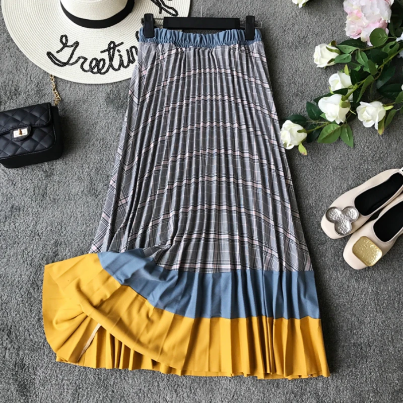 Длинная Плиссированная юбка в полоску с высокой талией и принтом | Женская одежда