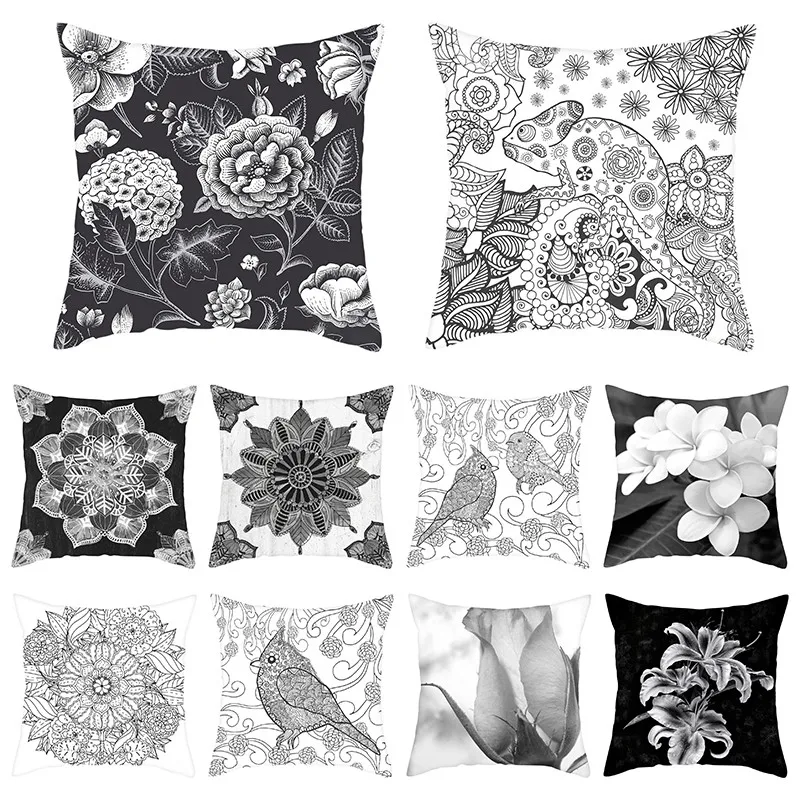 Чехол на подушку с цветочным принтом Fuwatacchi серый черный Цветочный фото чехлы для