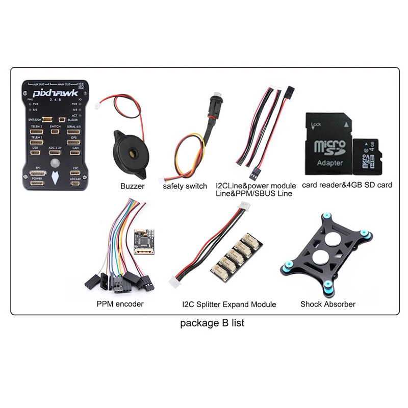 Package B Pixhawk PX4 автопилот PIX 2.4.8 32 бит Контроллер полета с переключателем безопасности и зуммером 4G SD и iec разветвитель Расширенный модуль - Цвет: Package B