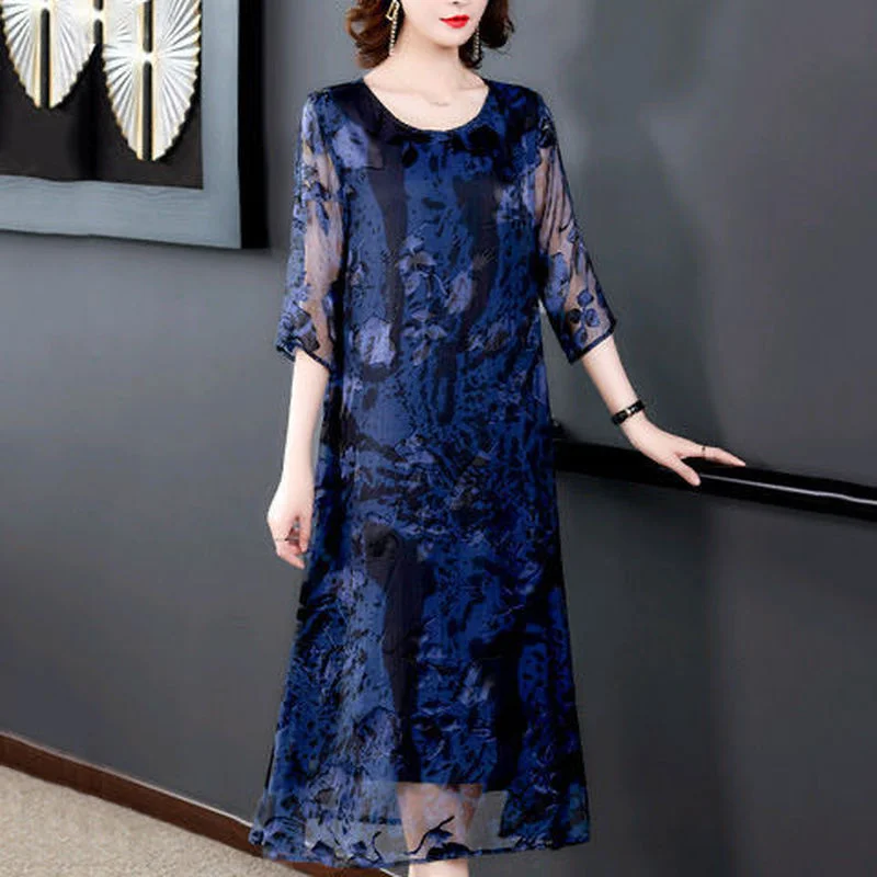

2021 Summer Blue Jacquard Mulberry Silk Maxi Dress Spring Casual Loose 3XL Plus Size Midi Dress Elegant Bodycon Party Vestidos