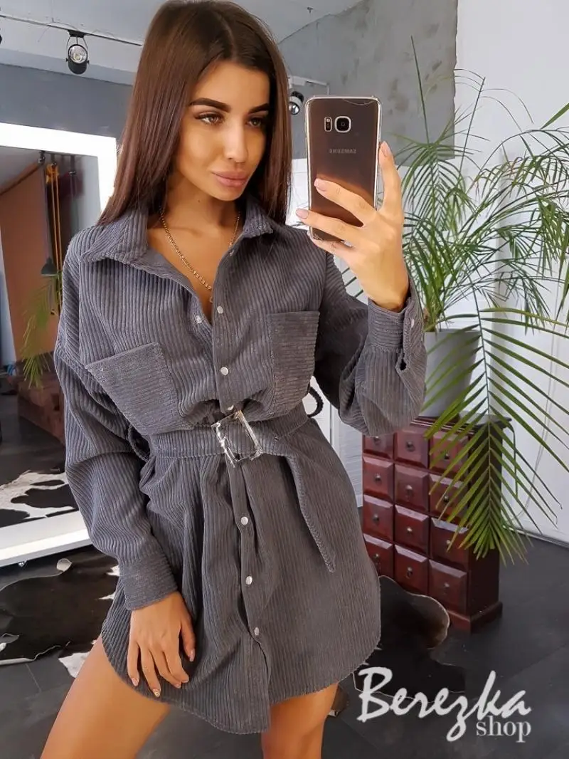 Женское платье с поясом NORMOV прямое мини-платье длинным рукавом и отложным