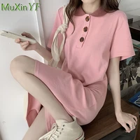 womens summer clothing 2021 girls student leisure polo collar short sleeve t shirt dress lady solid pink casual loose skirts