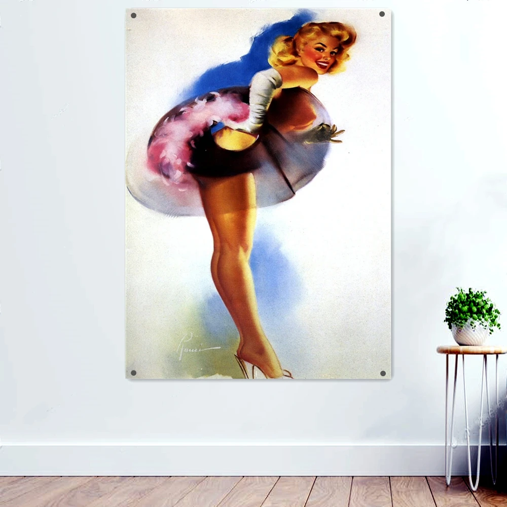 

Vintage Pin Up Art Posters Canvas Paintings Flag Mural Home Decoration Half-naked Beauty Portrait Banner Hanging on The Wall H7