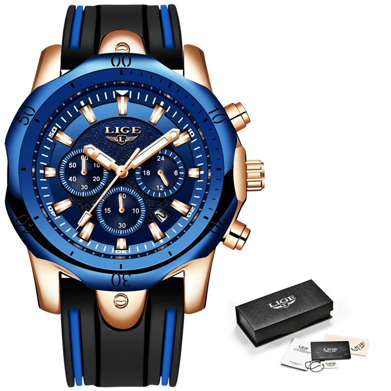 Часы наручные LIGE мужские с хронографом брендовые аналоговые кварцевые