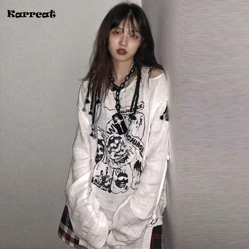 

White Gothic Lady Skull Print Loose T Shirt Off Shoulder Long Sleeve Women Harajuku Thin Irregular T-shirt Korean Fashion Cloth