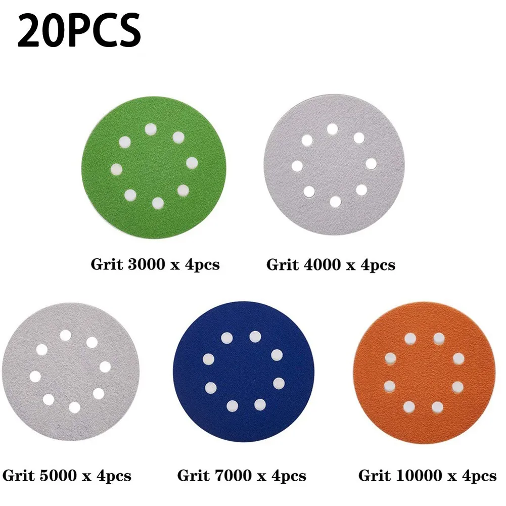 

20PCS 3000-10000 Grit 5 Inch 8 Hole Sanding Discs Hook & Loop Wet Dry Sandpaper Carbide For Random Orbital Sander Polishing