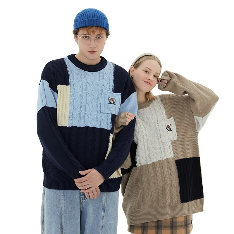 

Japanese Street Fashion Splicing Cotton Long Sleeve Couple Outfit Pullover Autumn and Winter Men Color Contrast Hedging Sweater